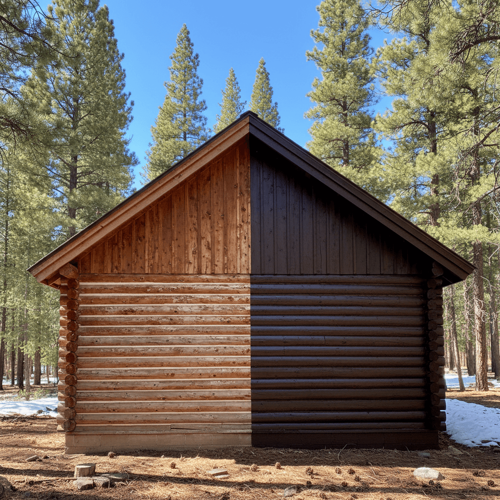 Mountain cabin half-restored, showing before and after on same house