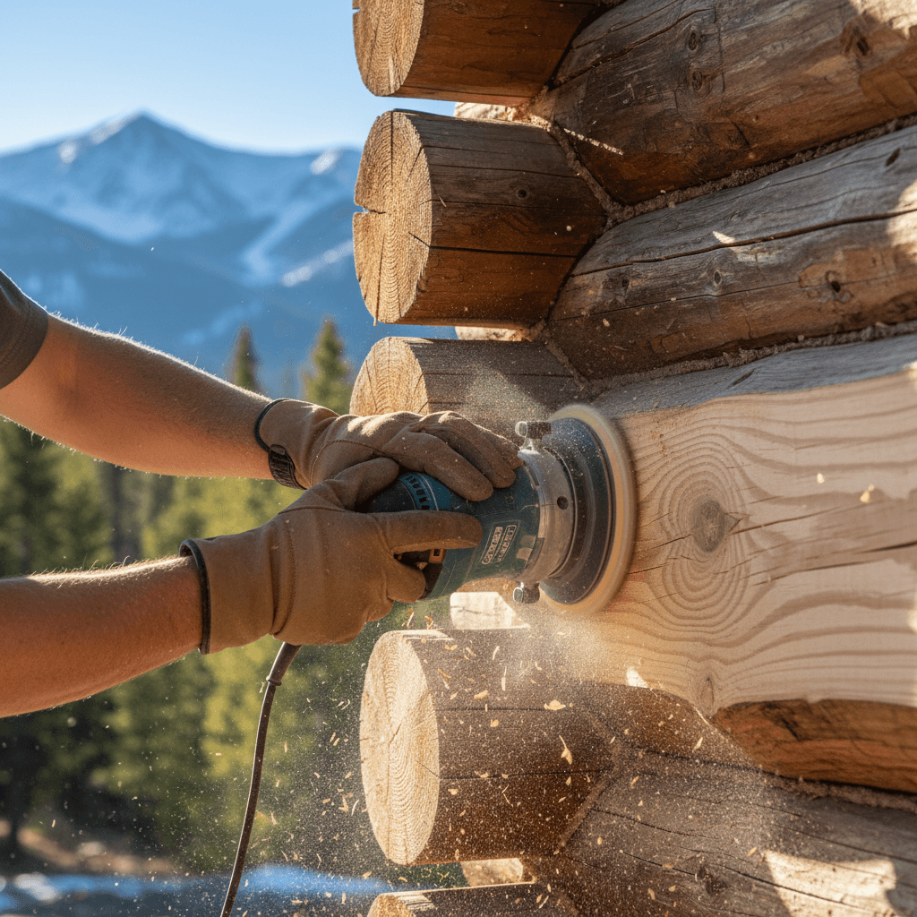 Sanding work on a log surface