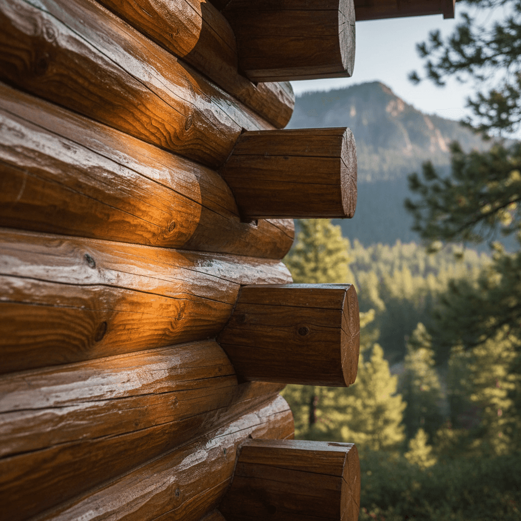 Freshly stained log cabin wall with morning light highlighting rich amber wood grain