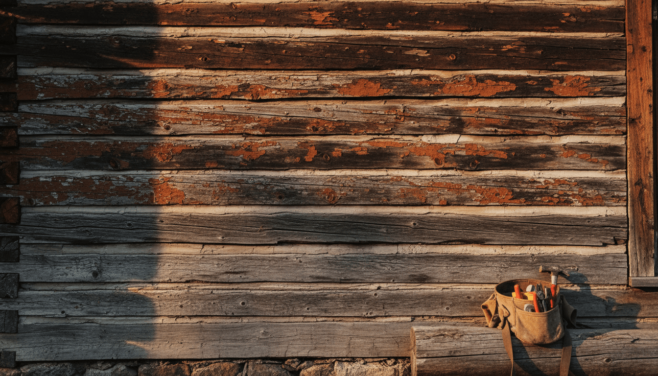 Close up of weathered log cabin wall showing peeling stain and bare wood grain