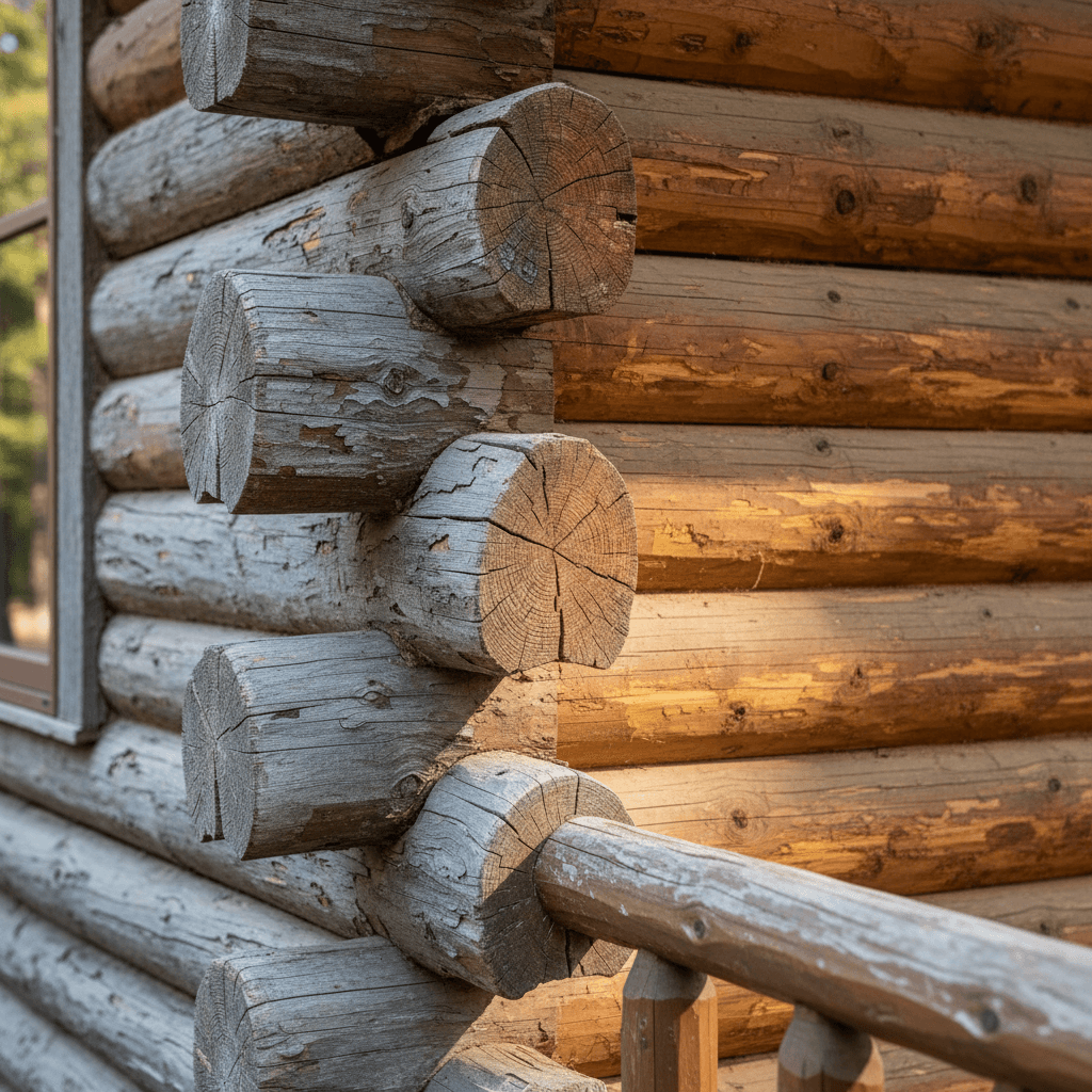 Half weathered gray log, half bare wood after media blasting
