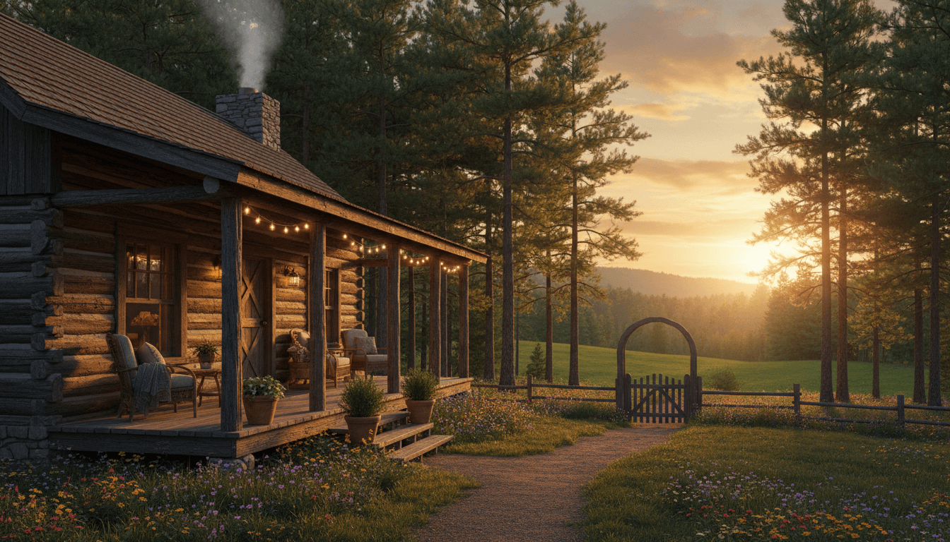 Restored log cabin with warm wood tones and a welcoming porch in morning light