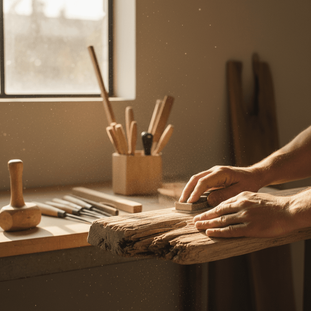Close-up of hands applying stain to a log surface
