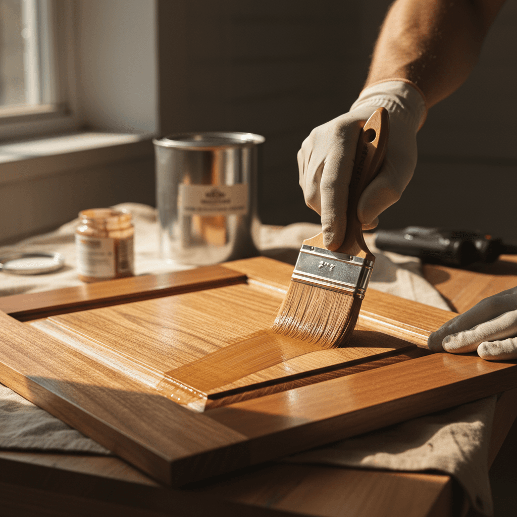 Hand staining a log cabin, close-up