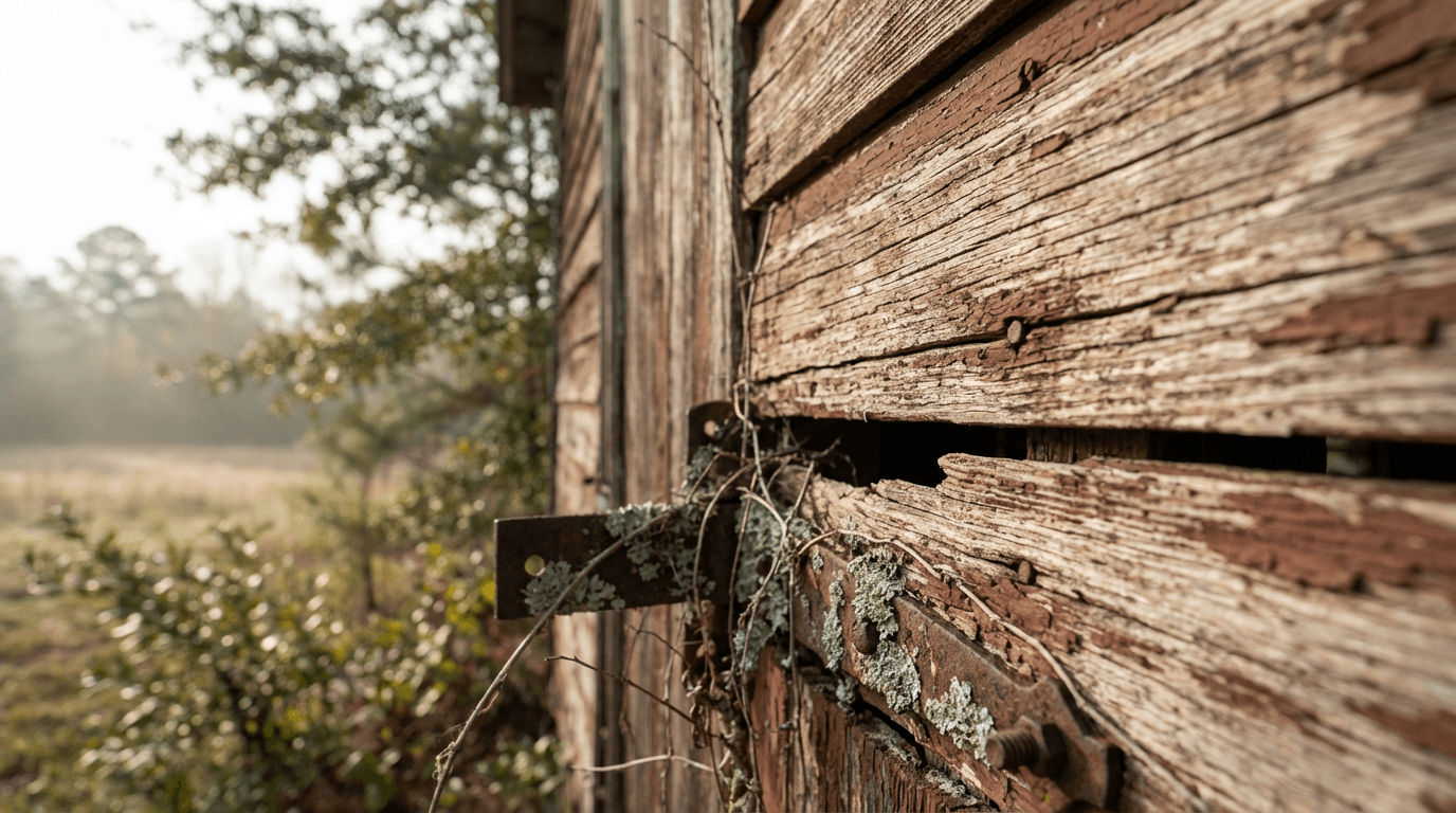 Aged cabin corner with peeling stain before restoration
