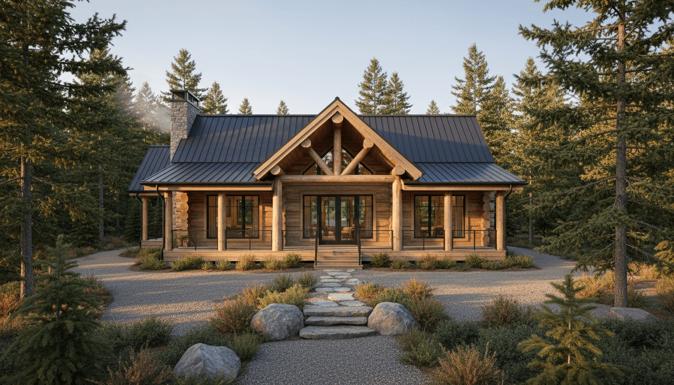 Completed rustic log cabin with weathered timber walls nestled among evergreen trees in forested countryside setting